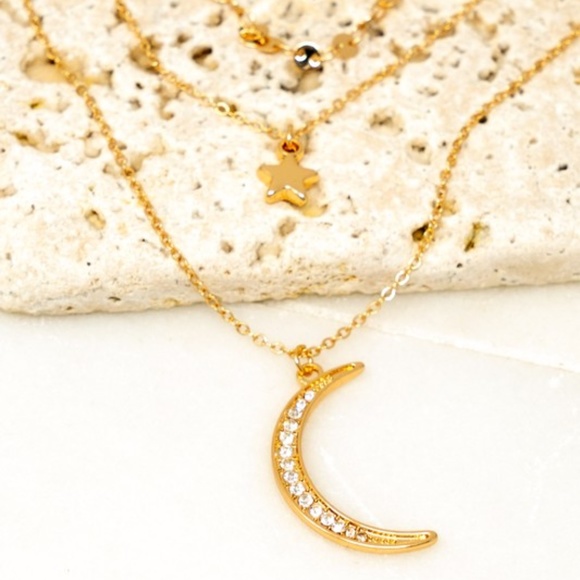 SOLD OUT Gold Crescent Moon Star Trio Layer Necklace - Picture 2 of 5